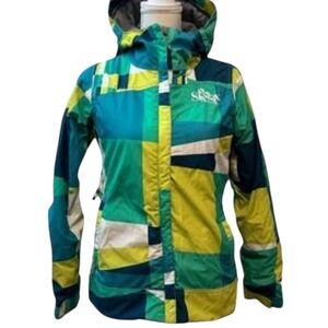 686 InfiDRY Mannual Women's Size M Ski Jacket Green Yellow Blue Patchwork Design